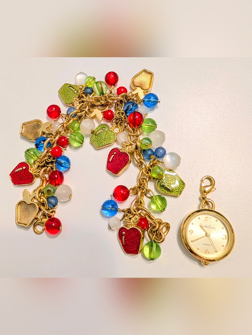 QUACKER FACTORY Ladies Watch Apple Multi Color Beads Gold Color Bracelet